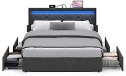 VASAGLE LED Bed Frame Queen Size with Headboard and 4 Drawers, 1 USB Port and 1 Type C Port, Adjustable Upholstered Headboard, No Box Spring Needed, Dark Grey URMB821G71