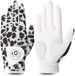 FINGER TEN Golf Gloves Women Left Right Hand Leather with Ball Marker Value Pack, Colored Glove for Ladies Right Left Handed Golfer All Weather Grip (Full-Leopard, Small, Left)