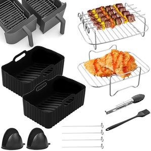 Air Fryer Accessories Ninja Dual,12Pcs Tower Dual Air Fryer Accessories With Reusable Air Fryer Silicone Liners,Air Fryer Racks Stainless Steel, Skewers,Silicone Gloves,Brush&Food Clip