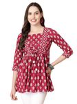 GOD BLESS Wine Colored Rayon Chamki Printed Pepum Tops for Women,3/4 Sleeves,Tesseles,Chamki Foil Print,Peplum Tops