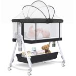 Youluzhen Baby Bassinet,3 in 1 Baby Bassinets Bedside Sleeper Bedside Bassinet for Baby with Wheels and Storage Basket, Portable 4-Sided Mesh Bedside Crib for Newborn,7 Height Adjustable (Black)