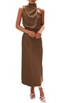 PRETTYGARDEN Women's 2024 Summer Satin Dress Elegant Sleeveless Mock Neck Cocktail Party Maxi Dresses (Khaki,X-Large)