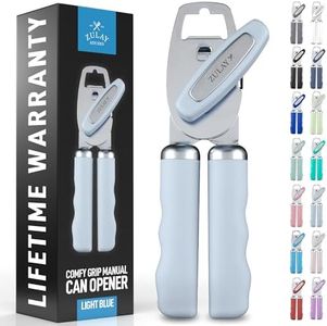 Zulay Kitchen Heavy Duty Stainless Steel Can Opener Manual with Bottle Opener - Rust Proof Manual Can Opener With Turn Knob & Comfy Soft Grip Handles - Light Blue