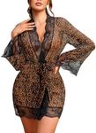 Avidlove Women's Lace Robe Lingerie Set Sexy Babydoll Lingerie Sheer Mesh Nightgown Leopard Medium