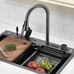 Lefton 304 Stainless Steel Waterfall Kitchen Sink Set with Pull-down Faucet, Knife Holder, Drain Basket, Inside-Basin, and Cutting Board, Temperature Display, Grey, KS2204-2B