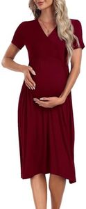 Xpenyo Maternity Women's Short Sleeve V Neck Casual Dress Baby Shower Party Maternity Dress, Wine Red, Medium