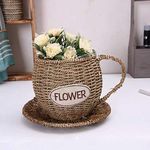 Woven Flower Basket Teacup Planters with Saucer Natural Water Plants Flower Container Handmade Plant Pot Kitchen Living Room Garden Restaurant Décor (1PC)