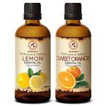 Essential Oils Set - Lemon Oil 100ml & Orange Oil 100ml - 100% Pure & Natural - Best for Aromatherapy & Spa - Perfect for Diffusers, Burners & Humidifiers - Body Care - for Good Sleep & Good Mood