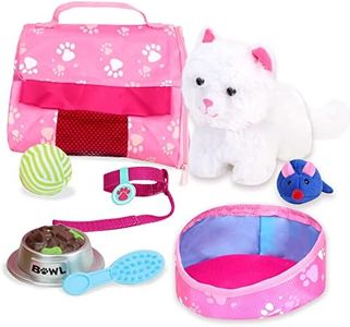 18" Doll Sized Pet Cat with Carrier, Bed & Accessories 10Piece Set by Sophia's | 6" Soft White Kitten