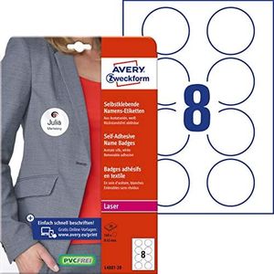 Avery Zweckform Name Labels (160 Name Stickers, Diameter 65 mm on DIN A4, Self-Adhesive, Printable Textile Labels Made of Acetate Silk, Residue-Free Removable, Round, Laser, 20 Sheets L4881-20) White