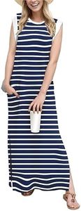 GRECERELLE Women Summer Petite Round Neck Loose Split Casual Maxi Dress with Pockets (X-Small, Navy Blue White Strip)