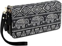 Bohemian Purse Wallet Canvas Elephant Pattern Handbag with Coin Pocket and Strap (Elephant Black, One_Size)