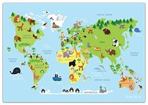 Faithful Prints Children's Animal Map of the World Poster Geography Print Wall Art for Kids Room (Blue) (A3 (297 x 420mm))