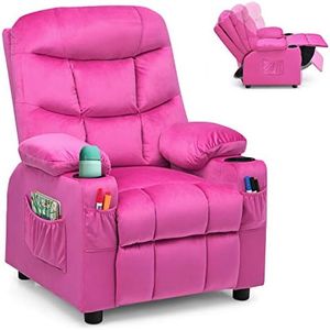 Costzon Kids Velvet Recliner Chair with Cup Holder, Footrest & Side Pockets for Children Boys Girls Baby Bedroom, Adjustable, Ergonomic Toddler Furniture Sofa Gifts (Rose)