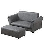 Kids Sofa Chair with Ottoman/PVC Leather Toddler Couch with Plastic Legs/Upholstered Children Armchair for Kids Under 4 Years Old/Double Seat with Stool (Gray)