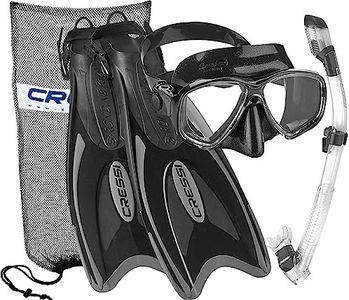 Cressi Italian Design Premium Tempered Glass Lens Scuba Snorkel Mask, Dry Snorkel, Palau Long Adjustable Snorkeling Fin, Snorkel Set with Carry Bag for Men and Women