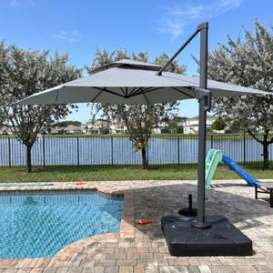 PURPLE LEAF 12 FT Cantilever Patio Umbrella Outdoor Umbrella with 330lbs Base Large Square Windproof Offset Umbrella for Pool Deck Garden, Pebble Grey