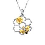 Bee Necklace Jewellery Sterling Silver Honeycomb Bumble Bee Necklace Geometric Honey Bee Pendant Necklace with Sunflower Jewellery Gifts for Women Girls (Bee necklace with sunflower) (Bee necklace)