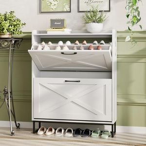 Maupvit Shoe Cabinet with 2 Flip Drawers, Freestanding Shoe Cabinet Organizer with Metal Legs, Shoes Storage Cabinet for Entryway, Narrow Shoe Rack Cabinet, White