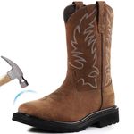 Hunthor Men's Cowboy Work Boots, Square Steel Toe EVA Mid-Sole with GoodyearWelt Leather Anti Slip Western Men's Brown Boots for Manufacturing, Construction, Farming, Size 7-14, Light Brown, 10