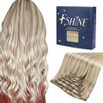 fshine Blonde Balayage Clip in Hair Extensions Human Hair 14 Inch 120g Ash Blonde to Golden Blonde and Platinum Blonde Human Hair Extensions Clip in Real Hair Straight Hair Extensions for Women 7pcs