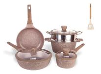 ATTIL Aluminium - Non Stick 9 Pcs Cookware Set - Induction Cookware Set Of 4 (Frying Pan 24Cm, Wok Pan 28Cm, Handi & Steamer 24Cm And Sauce Pan 16Cm) - Non Stick Cooking Set - Granite Brown