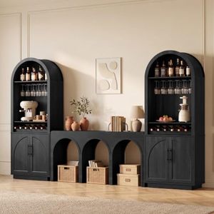 Fatmok Modular Coffee Bar with LED Lighting,Charging Station,Arched Wood Console Table and Storage Cabinet,Modern Liquor&Wine Display Cabinet for Living Room,Black Grey(FGF,3-Piece)