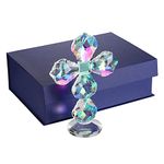 JUXYES Decorative Crystal Cross Standing Tabletop Figurine Ornament, Maple Leaf Glass Cross Traditional Standing Cross On Base Glass Craft Decor with Gift Box Cross Centerpieces for Home Decor