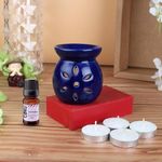 Coku Ceramic Diffuser Pot Essential Oil Burner Clay Lamp Wax Warmer Aromatherapy Oil Diffuser with 4 Tea Lights & 10ml Lavender Aroma Oil for Home, Office Spa, Meditation Or Yoga (Blue)