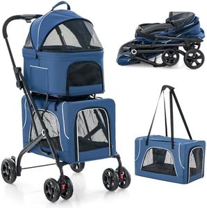 COSTWAY Double Couche Poussette Chien Chat, Poussette 3-en-1 Pliable pour 2 Animaux, 2 Cages Détachables, Ceinture de Sécurité, Poches Latérales, Oxford Respirant, Coussins Amovibles (Bleu,Style 10)