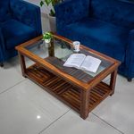 WOODMAZE Sheesham Wood Coffee Table with Storage Wooden Tea Table with Glass Top for Living Room Home Office Furniture Solid Wood Teapoy (Honey Finish) Size- 58D*114W*46H CM