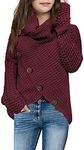 Haloumoning Girls Button Turtle Cowl Neck Asymmetric Hem Wrap Pullover Sweater Tops Wine Red