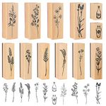 Meetory 12 Pieces Vintage Wooden Rubber Stamps, Plant and Flower Decorative Wooden Rubber Craft Stamps Set, Wood Mounted Rubber Floral Stamps for DIY Craft, Letters Diary and Scrapbooking