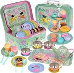 Jewelkeeper Tea Set for Girls - 15 Piece Sets Kids Tin Tea Party with Cups, Saucers, Plates and Serving Trays-Toddler Princess Tea Time Pretend Play-Safari Design Picnic Toy -Girls Birthday Gift