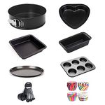 Xacton 8-in-1 Cake Mould Baking Set Combo of Round, Heart, Square, Bead Mould, Pizza Tray, 6 Slot Muffin Tray, Cake Cup Liners, and Measuring Cups and Spoon for Microwave Oven OTG Safe Baking tin