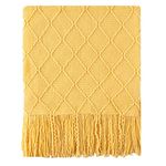 BATTILO Home Mustard Yellow Throw Blanket, Diamond Pattern Knit Throw for Couch Sofa Chair Bed, Lightweight Cozy Boho Throw Blanket Indoor Outdoor Decor 50"x60"