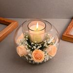 FlowerAura Romantic Fresh Live 6 Peach Roses Flowers Bouquet With Scented Candle In Glass Fish Bowl For Valentine's Day Gift, Birthday Gift, Anniversary Gift & Mother's Day Gift (Same Day Delivery)