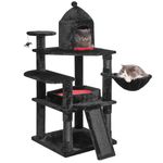 BEWISHOME Gothic Cat Tree with Coffin Bed, Cat Tower for Indoor Cats with Spacious Cat Condo, Sisal Scratching Ramp, Cozy Basket Black Cat House Halloween Pet Furniture Cat Activities Center MMJ92R