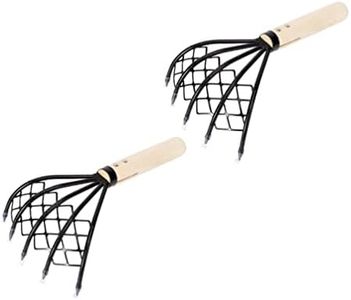 Cabilock 2Pcs Claw Rake with Mesh Net Clam Seafood Digging Rake Wooden Handle Clam Scraper Tool for Beach