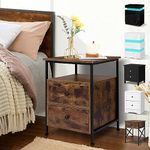 ELFORDSON Rustic Brown Side Table with 2 Drawers & Open Storage Shelf, Metal Frame Bedside Cabinet for Bedroom/Living Room/Hallway