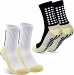 BOLDSTUFF Combo 2 Pairs Hi-Tech Performance Athletic Socks for Men & Women | Crew Length, Anti-Slip Rubber Grip, Thick Cushion Sports Socks for Running, Gym, Training (White-1 Pair, Black-1 Pair)