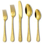 Runfly 20-Piece Vintage Carved Gold Silverware Set for 4, Stainless Steel Flatware Set with Knife/Fork/Spoon, Cutlery Set for Home, Modern Utensil Set