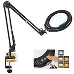 VEEMAGNI 5 Inch Large Magnifying Glass with Light and Stand, 5 Color Modes Stepless Dimmable, Long Swivel Arm LED Clamp Desk Lamp, Hands Free 10X Lighted Magnifier for Close Work Craft Hobby Soldering