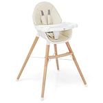 Maxmass Baby High Chair, Wooden Infant Feeding Chair with 4-Gear Removable Double Tray, Footrest, PU Cushion and 5-Point Harness, Portable Toddler Highchair for 6-36 Months (Beige)