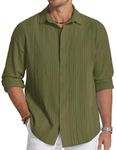 COOFANDY Men's Cuban Shirt Linen Guayabera Button Down Long Sleeve Beach Shirts, Army Green, S