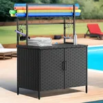 DWVO Pool Float Storage, Poolside Organizer with Storage Cabinet,PE Rattan Pool Float Holder for Cushions, Floaties, Noodles, Life Vests, Beach Balls, Patio Furniture (Black)