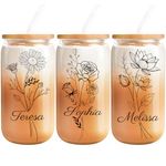 Custom Glass Cup with Birth Flower - Personalized 16 Oz Cups with Names, Personalized Glass Tumbler with Lid Straws, Personalized Anniversary Birthdays Gifts for Women, Bridesmaids, Mom, Girlfriend