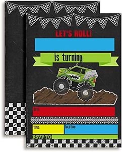Monster Truck Chalkboard Birthday Party Invitations, 20 5x7 Fill In Cards with Twenty White Envelopes by AmandaCreation