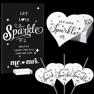 Spakon 100 Pcs Wedding Sparkler Tags Heart Shape Sparkler Cards and Acrylic Wedding Sparkler Send Off Sign Clear Table Sparkler Signs with Acrylic Base for Wedding Ceremony Event Party Display Decor