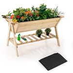 GiantexUK Raised Garden Bed, Wood Elevated Planter with Liner, Drainage Hole & Slatted Shelf, Outdoor Vegetables Flowers Herbs Plants Growing Box for Patio Balcony Backyard, 149 x 78 x 82cm